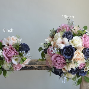 Faux Flowers Navy Mauve Wedding Bouquets, Real Touch Bouquet, Rustic Boho Bridal Bridesmaids Bouquet, Dusty Rose Navy, Eucalyptus, Roses