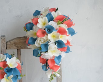 Malibu Blue Calla Lily Bouquet, Coral Roses Plumeria Bridal Flowers