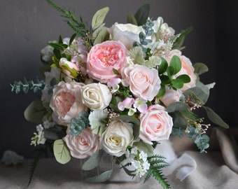 Blush White Wedding Bouquet, Faux Pink Flowers Bouquet, Pink Peony Bouquet, Lamb's ears, Eucalyptus, Boho Spring Summer Bridal Bouquets