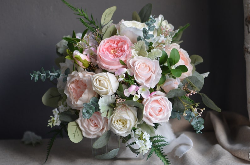 Blush White Wedding Bouquet, Faux Pink Flowers Bouquet, Pink Peony Bouquet, Lamb's ears, Boho Bridal Bouquet, Eucalyptus image 1