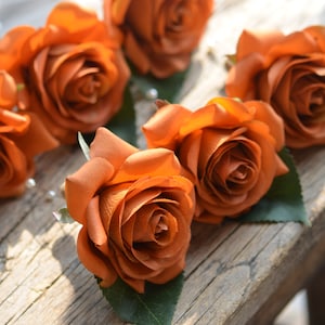 Real Touch Burnt Orange Rose Boutonnieres,  Terracotta Wedding Boutonniere, Rust Wedding Corsage, Wedding Homecoming Prom Corsage