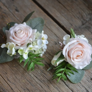 Artificial Flowers Real Touch Blush Pink Rose Boutonniere, Pale Pink Wedding Boutonniere & Wedding Corsage, Wedding Homecoming Prom Corsage