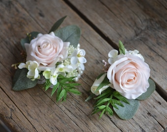 Artificial Flowers Real Touch Blush Pink Rose Boutonniere, Pale Pink Wedding Boutonniere & Wedding Corsage, Wedding Homecoming Prom Corsage