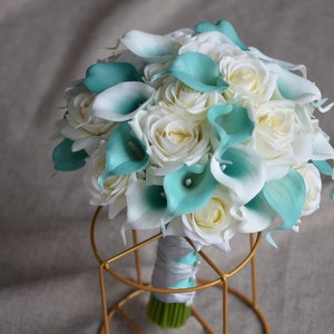 Turquoise Aqua Bridal Bouquets, Ivory Bridesmaids Bouquets, Real Touch Calla Lilies, Ivory Roses, Blue Weddings 1 Bride-10"