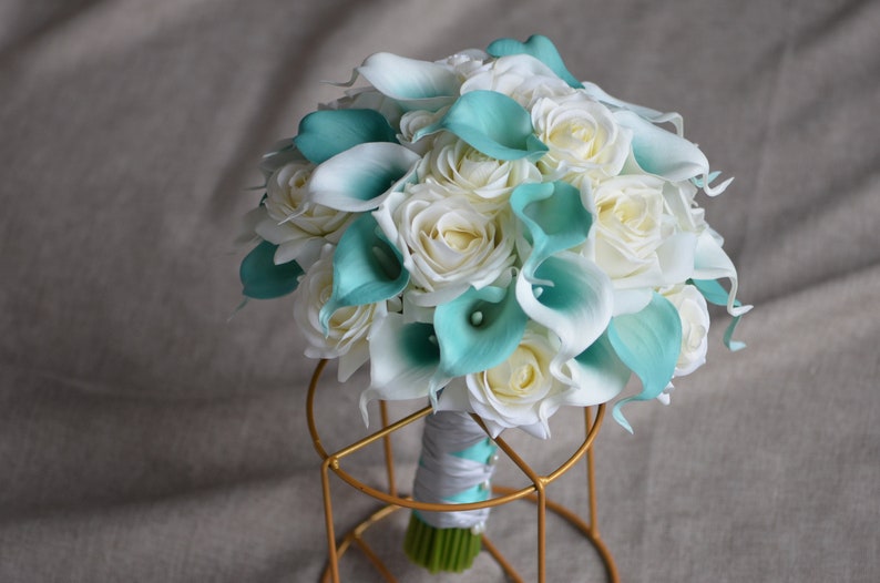 Turquoise Aqua Bridal Bouquets, Ivory Bridesmaids Bouquets, Real Touch Calla Lilies, Ivory Roses, Blue Weddings 1 Bride-10"