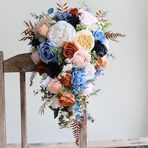 Fake Flowers Wedding Bouquet in Navy Blue Burnt Orange Blush, Real Touch Roses, Autumn Fall Bridal Bouquets, Terracotta Boho, Winter Colors