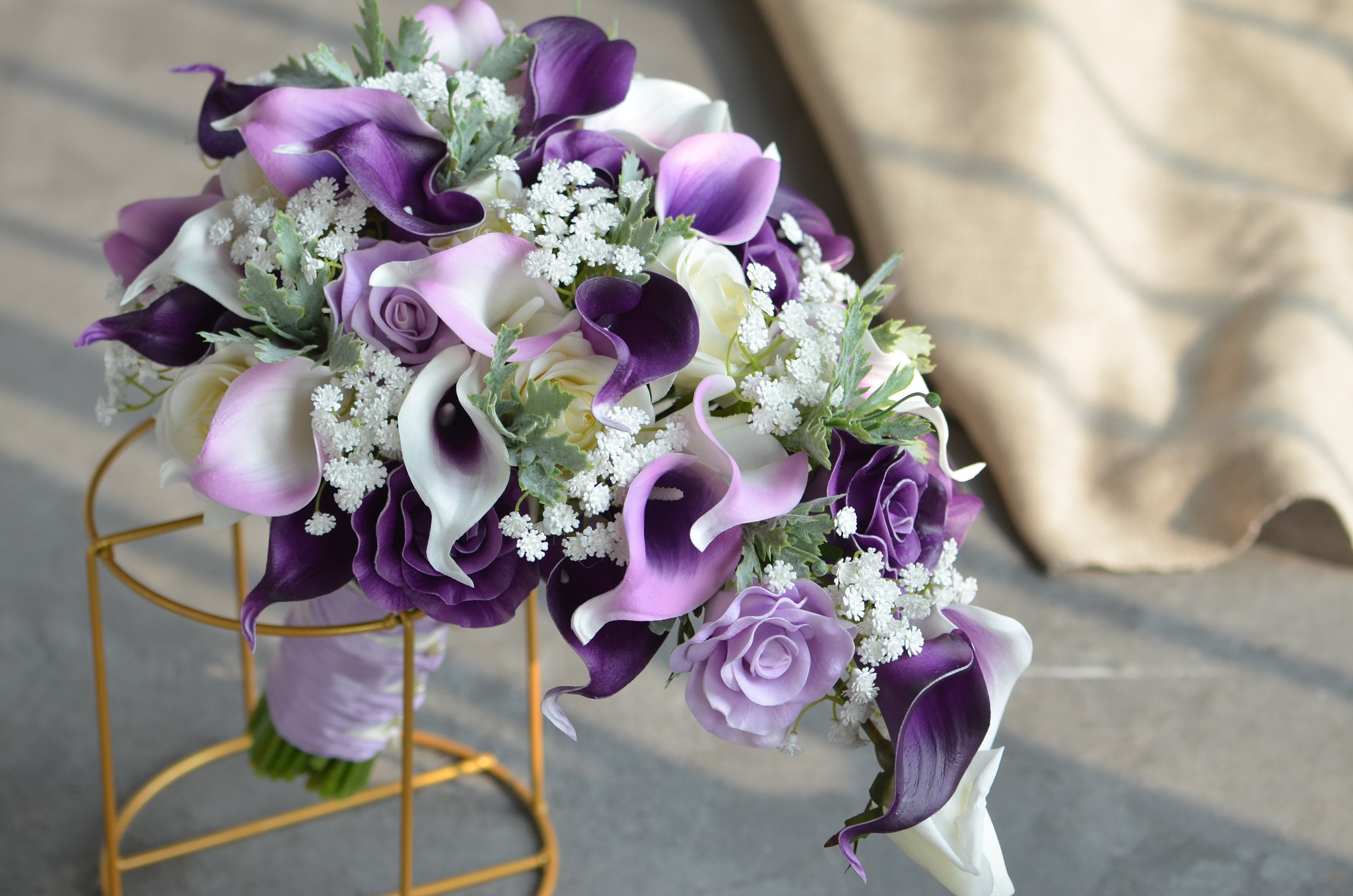 Ivory White Sweden Roses, Bouquet, Bridal Real Lilies, Bridal Bouquets, Rustic - Touch Baby\'s Fake Calla Purple Bridesmaids Silk Breath Etsy Bouquets,