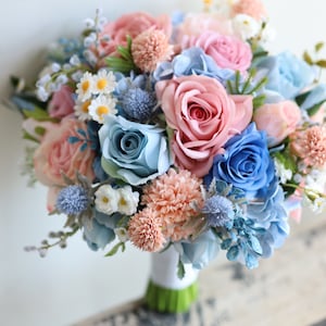 Dusty Blue and Pink Wildflower Bridal Bouquet, Colorful Wedding Bouquet, Spring Summer Bouquets, Real Touch Rose, Daisies, Hydrangeas