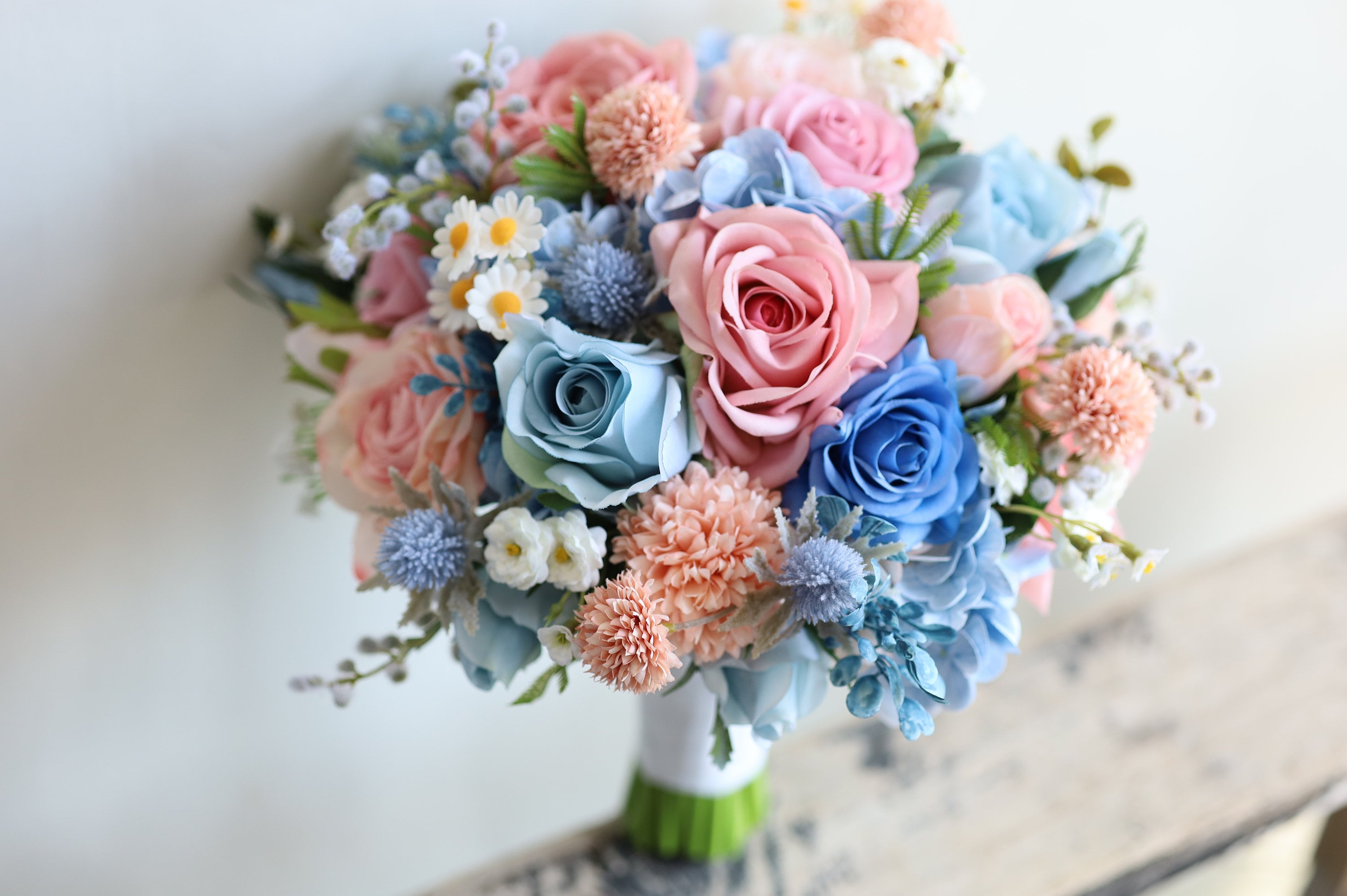 Dusty Blue and Pink Wildflower Bridal Bouquet, Colorful Wedding Bouquet, Spring Summer Bouquets, Real Touch Rose, Daisies, Hydrangeas