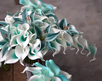 Turquoise Calla Lilies Wedding Bouquet, Teal Tiger Lily Bridal Flowers