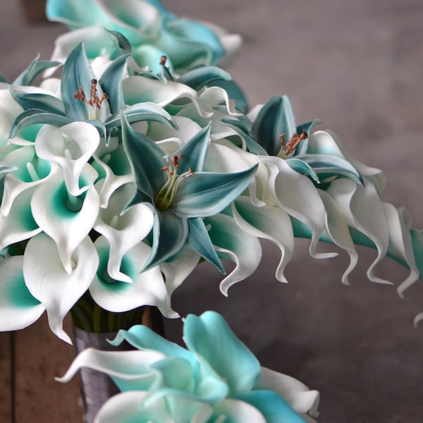 Türkise Brautsträuße, BrautjungfernSträuße, Teal Bouquet, Echte Touch Calla Lilien, Tiger Lilien, Blaue Hochzeiten