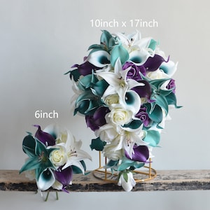 Fake Flowers Teal Purple Wedding Bouquet, Bridesmaids Bouquets, Teal Tiger Lily Roses, Real Touch Calla Lilies, Faux Flowers Bridal Bouquets