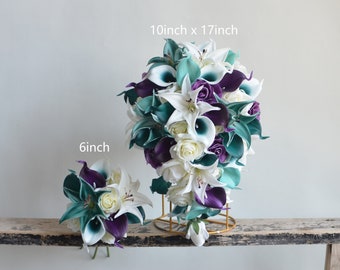 Fake Flowers Teal Purple Wedding Bouquet, Bridesmaids Bouquets, Teal Tiger Lily Roses, Real Touch Calla Lilies, Faux Flowers Bridal Bouquets