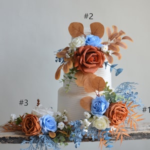 Faux Flowers Blue & Burnt Orange Ivory Fall Cake Topper Flowers For Wedding, Terracotta cake topper, Wedding cake topper, Real Touch Roses