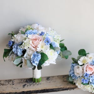 Light Blue & Blush Pink Wildflower Bridal Bouquet, Colorful Wedding Bouquet, Spring Summer Bouquets, Real Touch Rose, Daisies, Hydrangeas