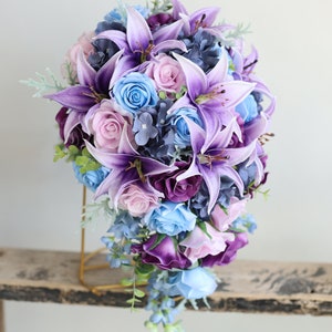 Fake Flowers Bouquet in Blue Purple Roses, Real Touch Tiger Lilies, Silk Hydrangeas, Lavender Blue Bridal Bouquet, Boutonnieres, Corsages