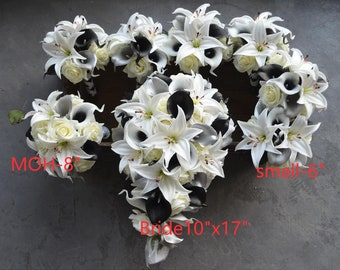 Fake Black Silver White Bridal Bouquets, Faux Flowers Bouquets, Silk Wedding Bouquets, Bridesmaids Bouquets, Silver Boutonnieres