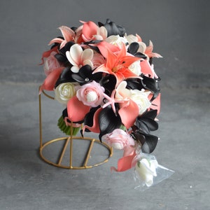 Black Coral and Ivory Bridal Bouquets, Artifical Calla Lilies, Real Touch Plumerias, Black Bridesmaids Bouquets, Wedding Bouquets