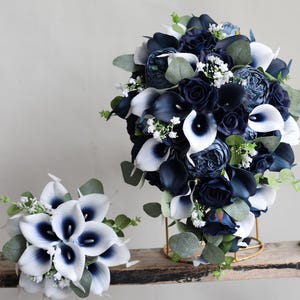 Faux Navy White Flowers Wedding Bouquet, Real Touch Roses, Calla Lily, Peony Bridal Bouquet, Blue Wild Flowers, Boutonniere Corsages