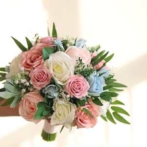 Pale Blue & Dusty Rose Pink Bridal Wedding Bouquet Design in Real Touch Artificial Rose Flowers, Boho Bridal Bridesmaids Bouquet, Corsages