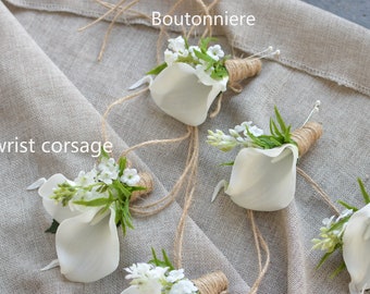 Boutonnières de verdure blanche, Boutonnières de printemps, corsage de poignet, Boutonnieres blancs de lis de Calla, fleurs vraies de contact, boutonnière verte rustique