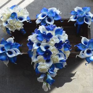 Faux Royal Blue Wedding Bouquets, Picasso Royal blue Real Touch Calla Lilies, Blue Plumerias, Blue Boutonnieres, Blue Bridesamids Bouquets