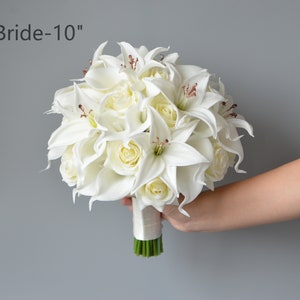 Ivory Bridal Bouquets, Real Touch Faux Calla Lilies, Tiger Lilies, Roses Wedding Bouquets, Bridesmaids Bouquets