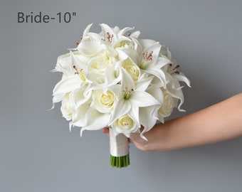 Ivory Bridal Bouquets, Real Touch Faux Calla Lilies, Tiger Lilies, Roses Wedding Bouquets, Bridesmaids Bouquets