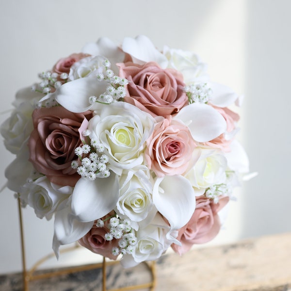 Dusty Smoky Pink And White Wedding Bouquet, Real Touch Roses, White Calla Lilies, Baby's breath Bridal Bridesmaids Bouquets, Dusty Mauve