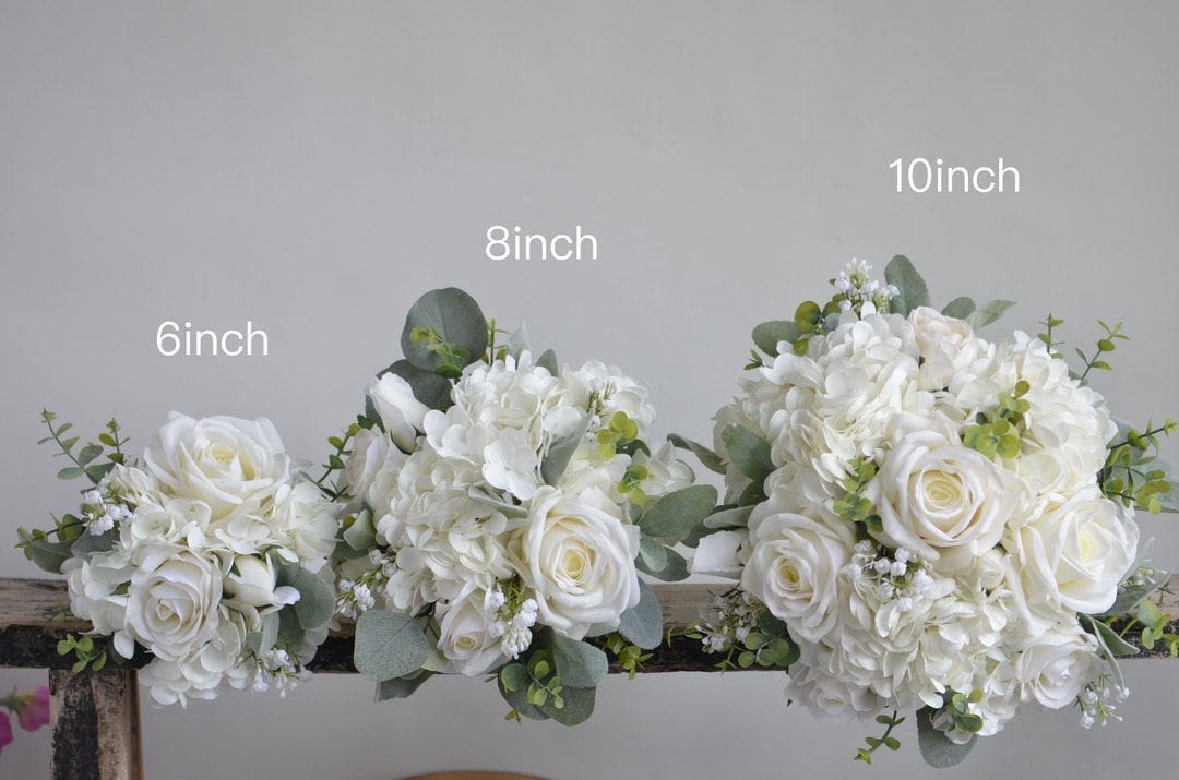 White Faux Real Touch Roses & Hydrangeas Wedding Bouquet, Baby