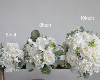 White Faux Real Touch Roses & Hydrangeas Wedding Bouquet, baby's breath, Dusty Millers, White Greenery Bridesmaids Bouquets, Boutonnieres