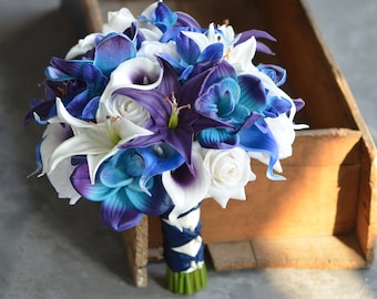 Fake Royal Blue Purple Wedding Bouquets, Blue Purple Orchids Bridal Bouquet, Boutonnieres, Real Touch Tiger Lily, White Roses, Galaxy Orchid