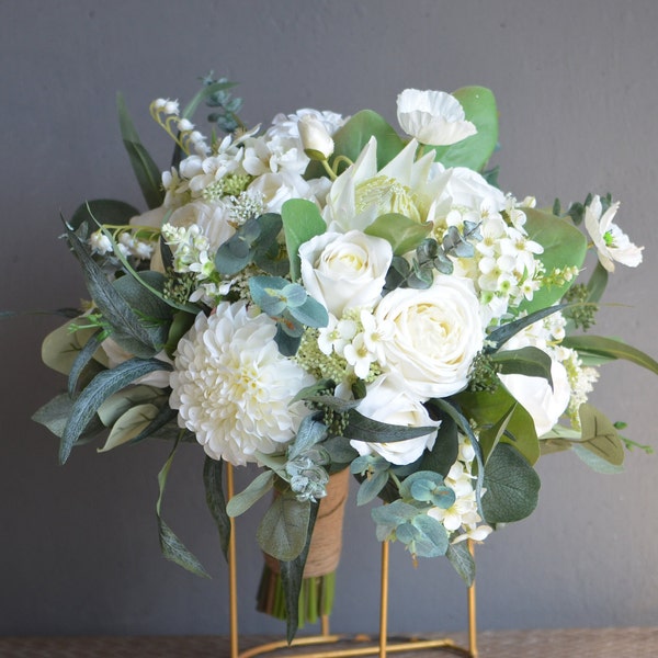 Faux White Wedding Bouquet, White Boho Bridal Bouquet, Real Touch Fake White Roses, Eucalyptus, King Protea, Dahlia Greenery Bouquet