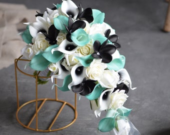 Artificial Turquoise Calla Lily Bridal Bouquet, Black Plumeria