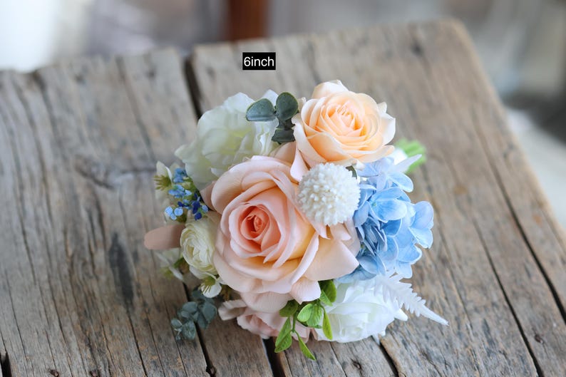 Artificial Bridal Bouquet: Peach, Blue, White Roses & Eucalyptus - Etsy