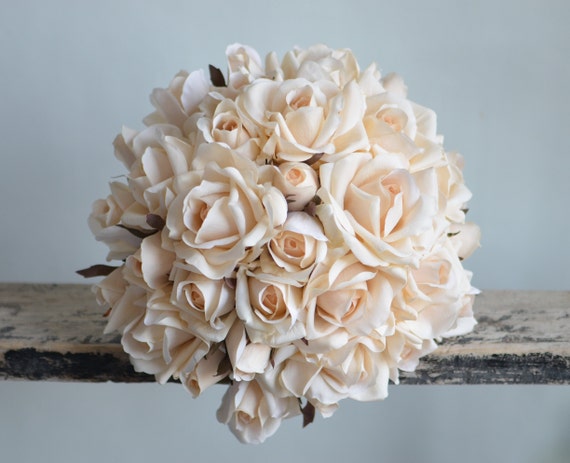 Real Touch Faux Rose Bouquet: Dark Cream Beige Bridal Wedding