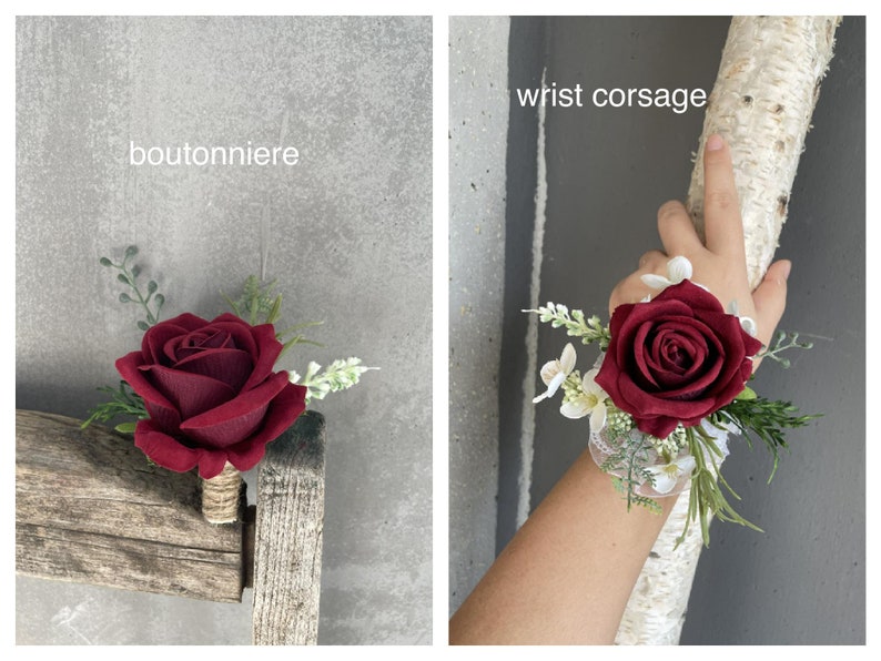 Faux Burgundy Beige And Ivory Wedding Bouquet, Boho Bouquet, Bridal Bridesmaids Bouquet, Rose and Eucalyptus, Real Touch Fake Flowers image 7