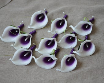 Calla Lily Groom Groomsmen Boutonnieres, Purple Picasso Boutonnieres, Real Touch Calla Lilies