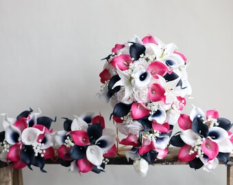 Navy Hot Pink Bridal Wedding Bouquet, Real Touch Calla Lilies, White Roses, Baby's Breath, Fuchsia Navy Bridesmaids Bouquet, Boutonnieres