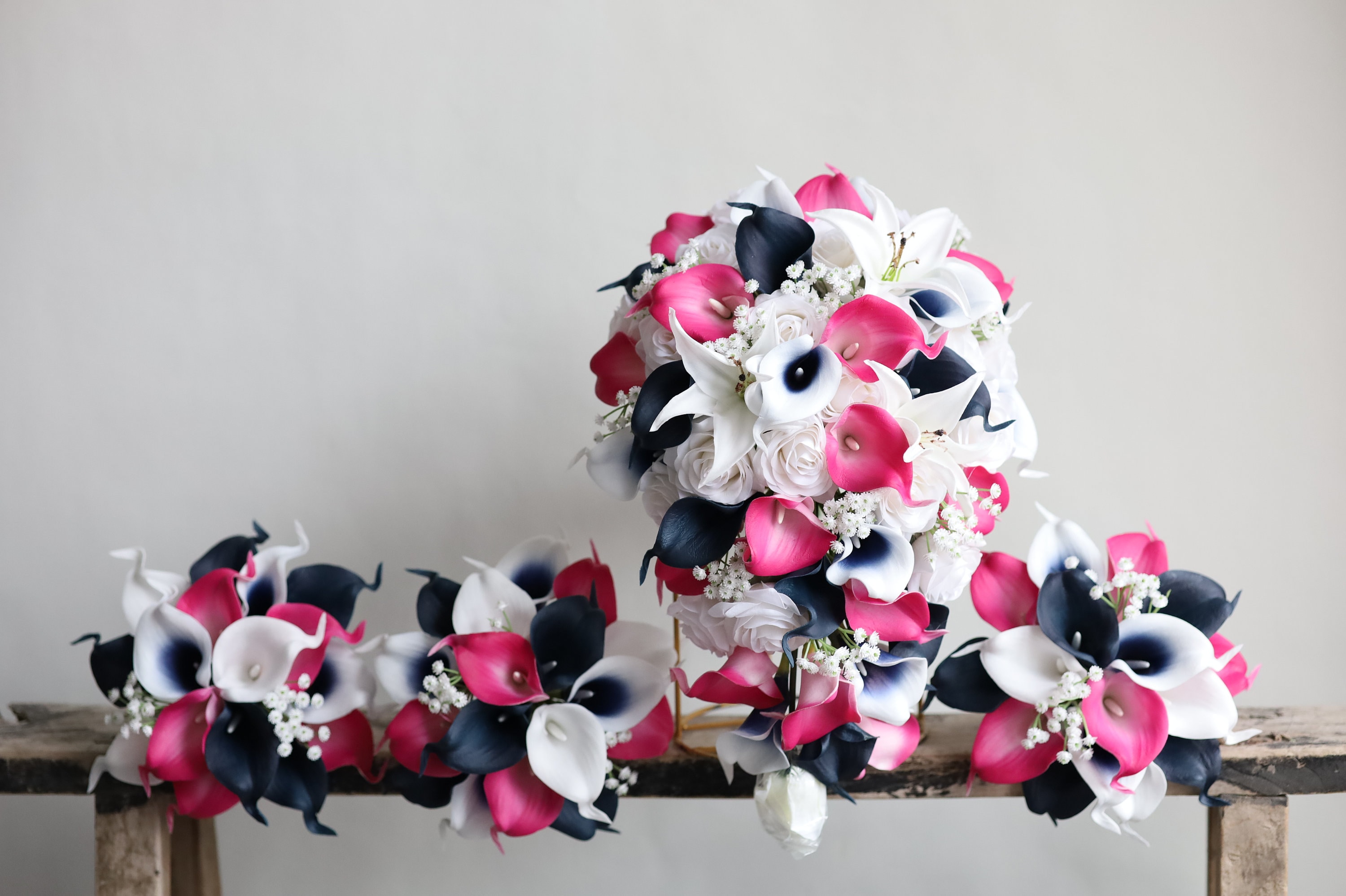 Navy Hot Pink Bridal Wedding Bouquet, Real Touch Calla Lilies, White Roses,  Baby's Breath, Fuchsia Navy Bridesmaids Bouquet, Boutonnieres - Etsy, image size:3000x1996