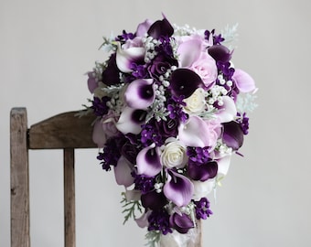 Faux Purple Flowers Cascading Bridal Bouquet, Spring Summer Wedding Bouquet, Real Touch Calla Lily, Rose, Lily, Handmade Bouquet/Boutonniere