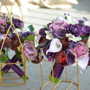Purple & Burgundy Wedding Bouquet, Real Touch Calla Lilies, Roses, White Orchids, Purple Baby&#39;s Breath, Peony Bridal Bouquet