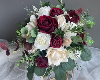 Faux Burgundy Beige And Ivory Wedding Bouquet, Boho Bouquet, Bridal Bridesmaids Bouquet, Rose and Eucalyptus, Real Touch Fake Flowers