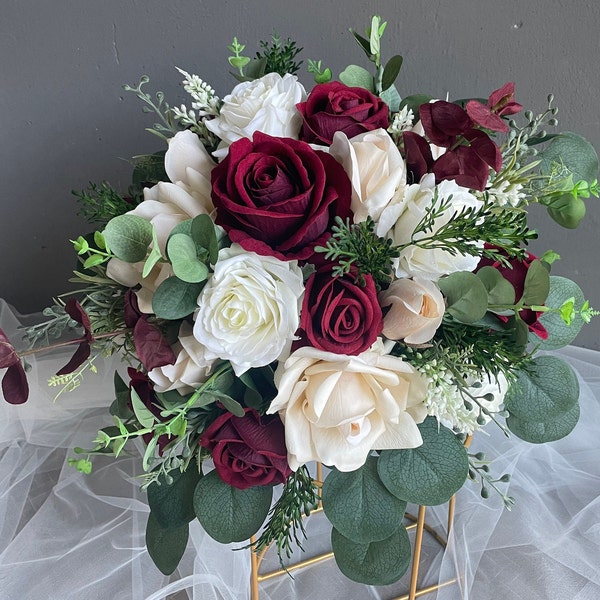 Faux Burgundy Beige And Ivory Wedding Bouquet, Boho Bouquet, Bridal Bridesmaids Bouquet, Rose and Eucalyptus, Real Touch Fake Flowers