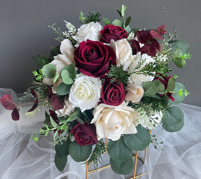 Faux Burgundy Beige And Ivory Wedding Bouquet, Boho Bouquet, Bridal Bridesmaids Bouquet, Rose and Eucalyptus, Real Touch Fake Flowers 1 bouquet--12"