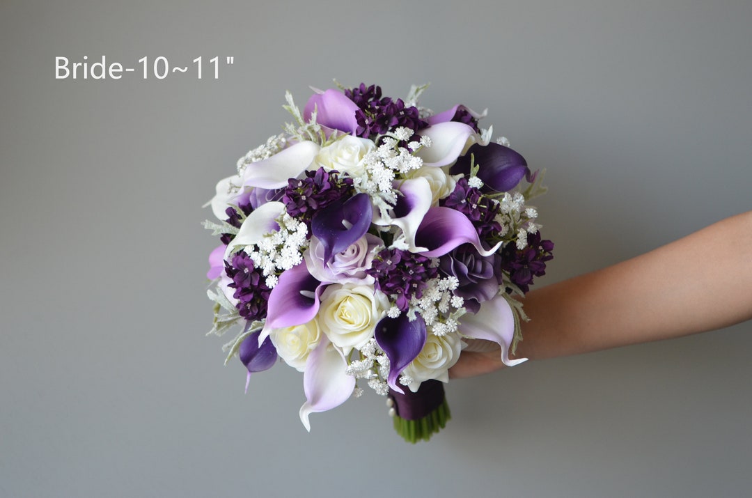 Faux Lilac Purple Wedding Bouquets, Faux Real Touch Calla Lilies, Roses