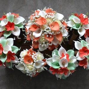 Faux Mint Coral Bridal Bouquets, Mint Wedding Bouquets, Coral Bridesmaids Bouquets, Mint Boutonnieres, Plumerias, Calla Lilies, Roses