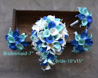 Turquoise Beach Wedding Bouquet, Royal Blue Bridal Bouquet, Real Touch Calla Lily, Boutonnieres, Corsages