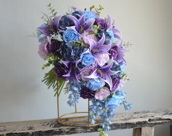 Faux Dusty Blue Purple Wedding Bouquet, Real Touch Tiger Lilies, Roses, Hydrangeas, Lavender Blue Bridal Bouquet, Boutonnieres, Corsages