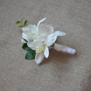 Orchid Boutonniere, White Orchids, Orchid Corsages, Silk Corsages, Mother Corsages, Eucalyptus Leaves